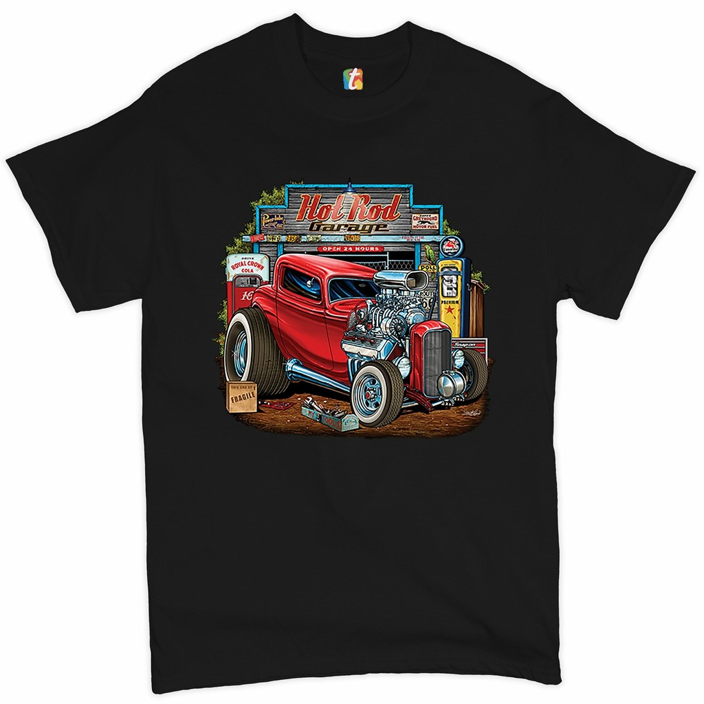 Hot Rod Garage เสื้อยืดเส้นทาง 66 Retro Vintage Drag Racing Car Mens Tee
