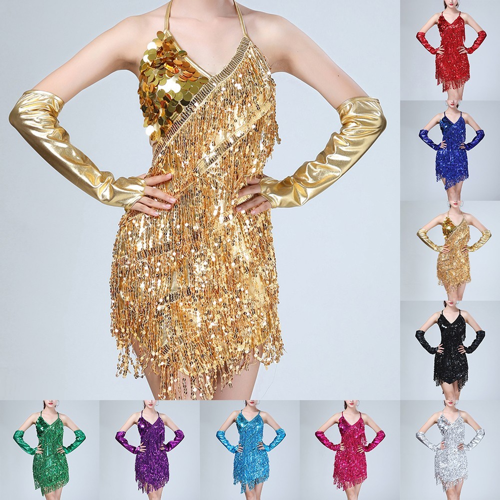 [BEM] เลื่อมชุดละตินผู้หญิง Halter คอ Tango เครื่องแต่งกายเต้นรําพู่เปลือยชุด