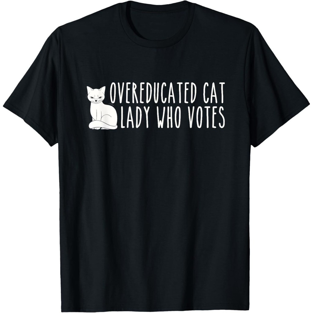 Funny Overeducated Cat Who Votes สําหรับ Kamala Harris 2024 เสื้อยืดผู้ชาย