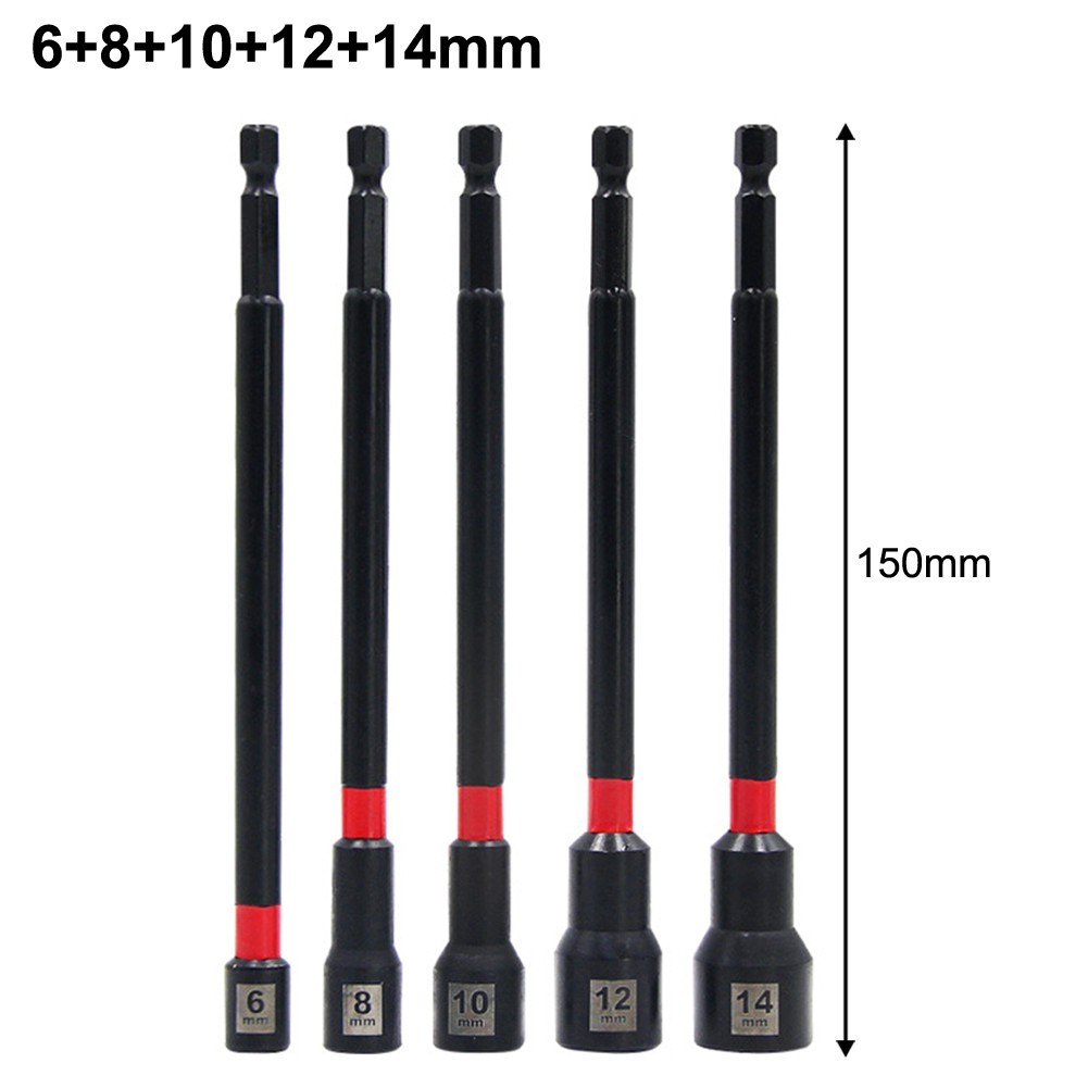5 ชิ้น 6 นิ้วแม่เหล็กน็อตยาวไดร์เวอร์สําหรับสว่านกระแทกอะแดปเตอร์ซ็อกเก็ตหกเหลี่ยม 8-14 มิลลิเมตร