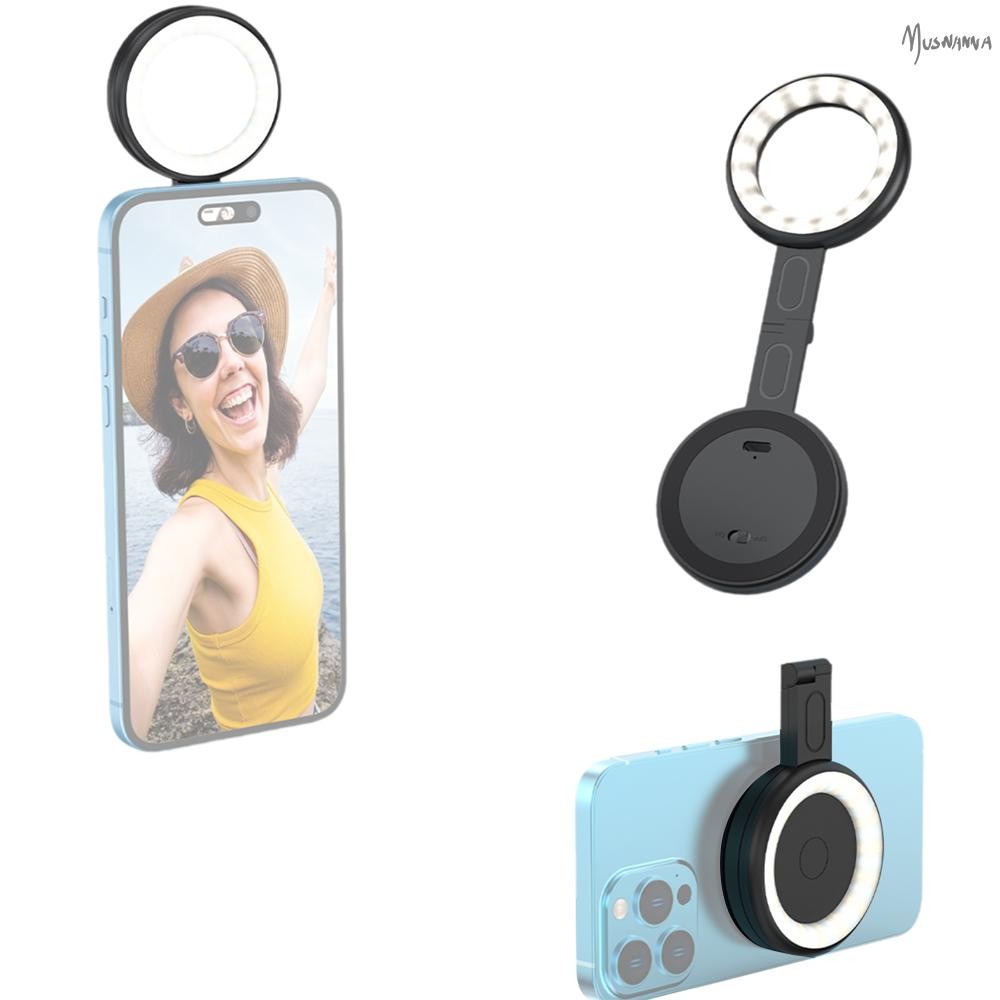 แม่เหล็ก LED เติมแสงสําหรับโทรศัพท์ Selfie Light LED Video Light 2500K-9000K หรี่แสงได้เปลี่ยนแบตเตอรี่ในตัวสําหรับ iPhone 15/14/13/12 โทรศัพท์ Android Nmus เติมแสง