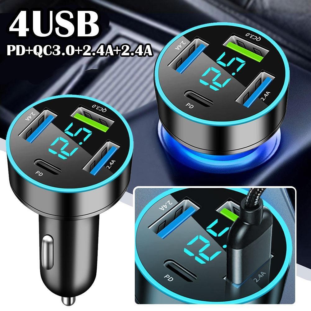 [GR] 66W 4Ports USB Car Charger Fast Charging PD Quick Charge USB C Car Phone 12-24V