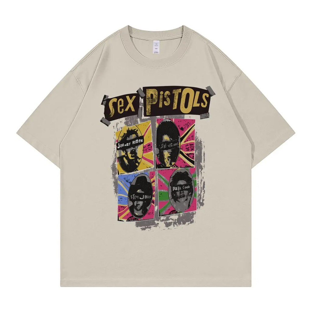 เสื้อยืดผ้าฝ้ายผู้ชาย Sex Pistol Band Punk Vintage Street Hip Hop VTG ไหล่หลวมลูกเรือคอผู้ชาย Rock ส