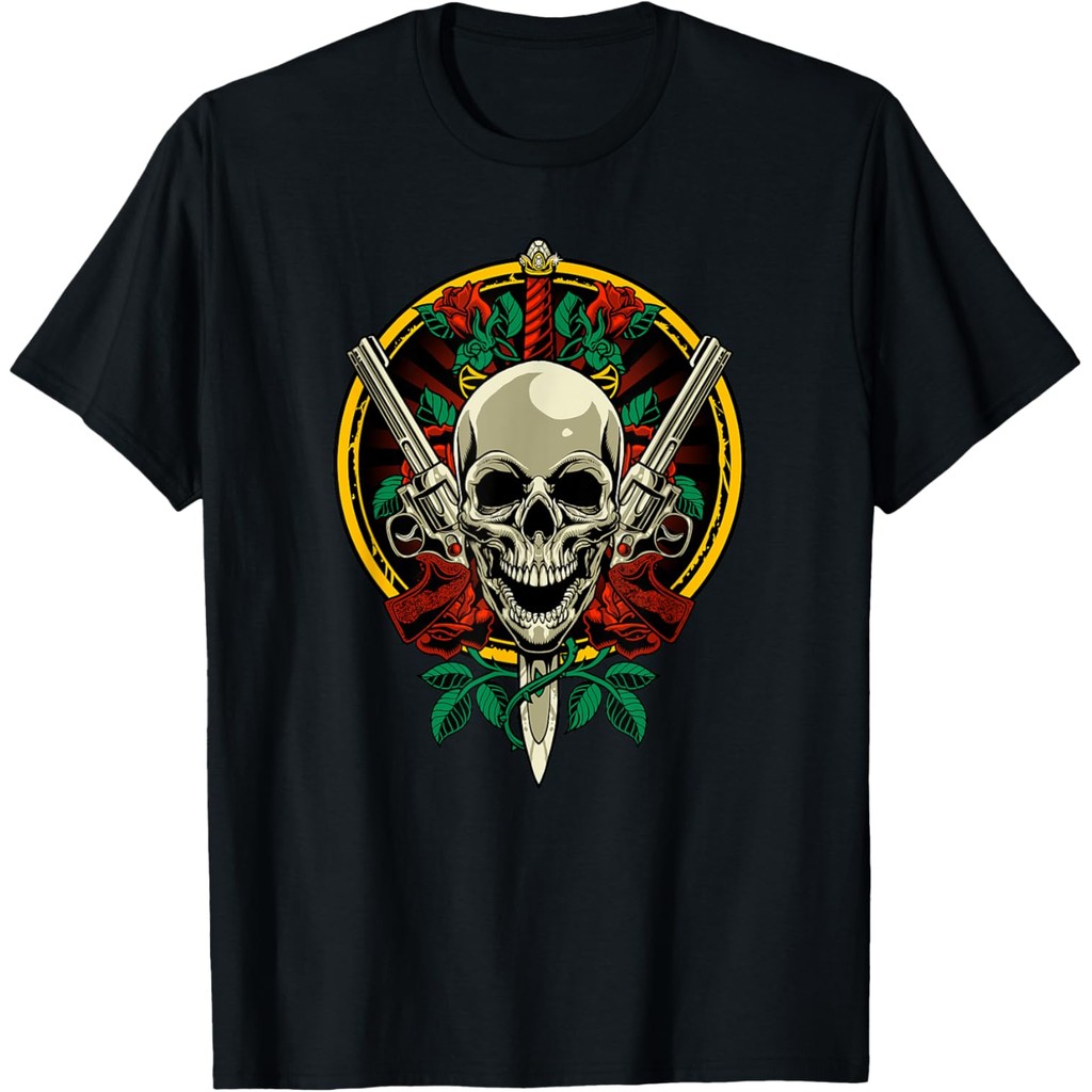 เสื้อยืดผ้าฝ้ายผู้ชาย Skull Face with Roses - 80s 90s Rock Music Guns and Skull T-Shirt ผ้าฝ้ายคุณภา