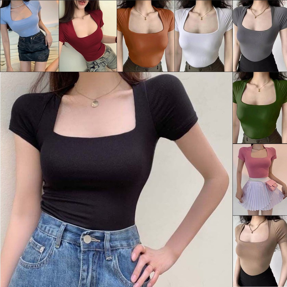 [OLO] เสื้อยืดแขนสั้นคอเหลี่ยมผู้หญิงฤดูร้อนเซ็กซี่ครึ่งแขนเสื้อ