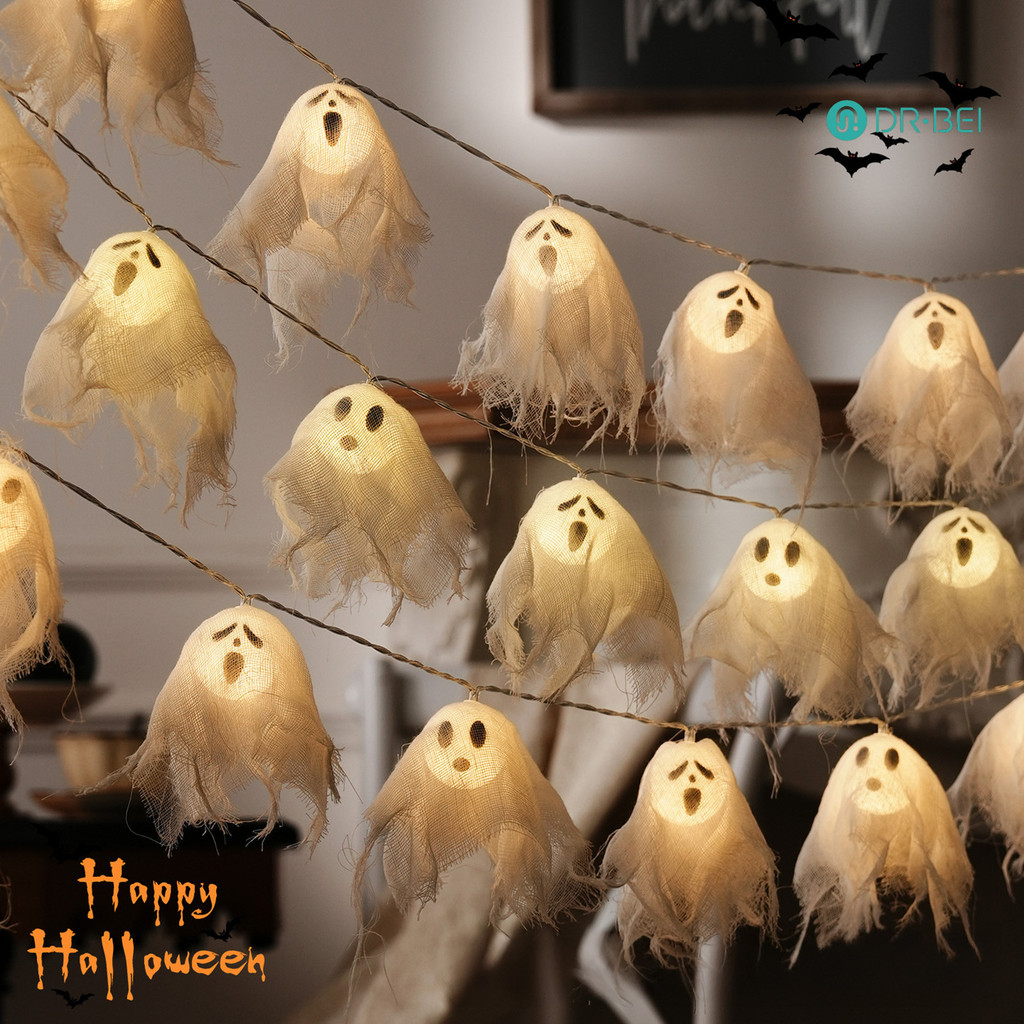DR.BEI LED Ghost String Light Handmade Light-up ฮาโลวีนผ้า Ghost Garland สําหรับปาร์ตี้ Haunted House place Porch Decor