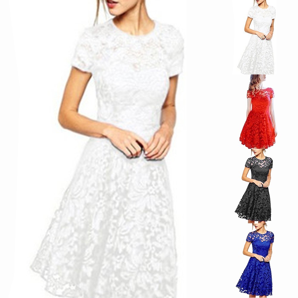 <BID DISCOUNT> ผู้หญิงลูกไม้ Ele เดรสสั้น Plus ขนาดลูกเรือคอชุดราตรีค็อกเทล M-5XL