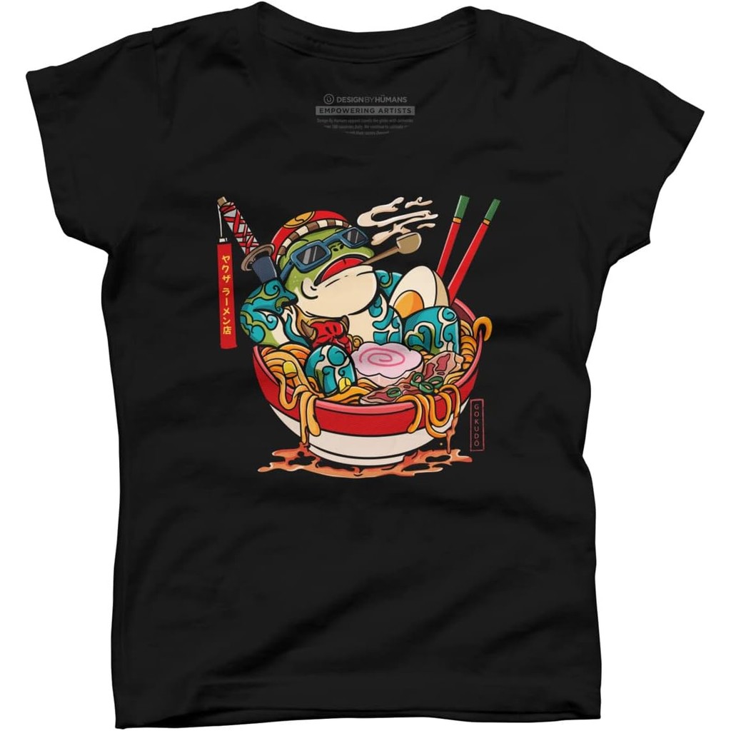 เสื้อยืดผ้าฝ้ายผู้ชาย Design By Humans Girls Yakuza Frog Ramen by MuloPops T-Shirt - เสื้อยืดแขนสั้น