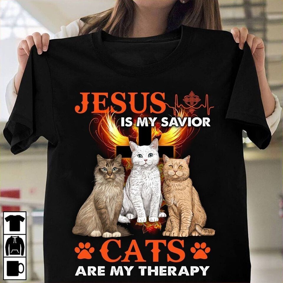 Cats Are My Therapy - เสื้อยืดผู้ใหญ่สีดําของขวัญสําหรับแมวคนรัก