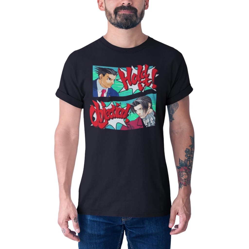 เสื้อยืดผ้าฝ้ายผู้ชาย Ace Attorney 2001 Capcom ผจญภัยวิดีโอเกม Hold It Objection ผู้ใหญ่ Tshirt Tee 