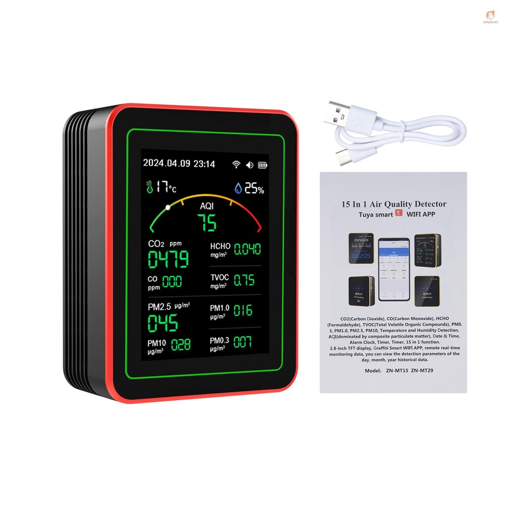 15-in-1 Air Quality Monitor เครื่องทดสอบคุณภาพอากาศอัจฉริยะพร้อม CO/CO2/HCHO/TVOC/AQI/PM0.3/PM1.0/PM