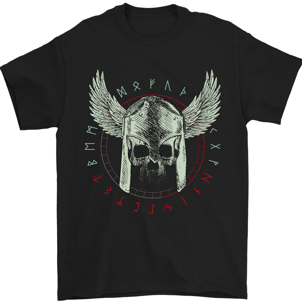 Viking Skull Wings Runic Text Gym Helmet Mens T-Shirt ผ้าฝ้าย 100%