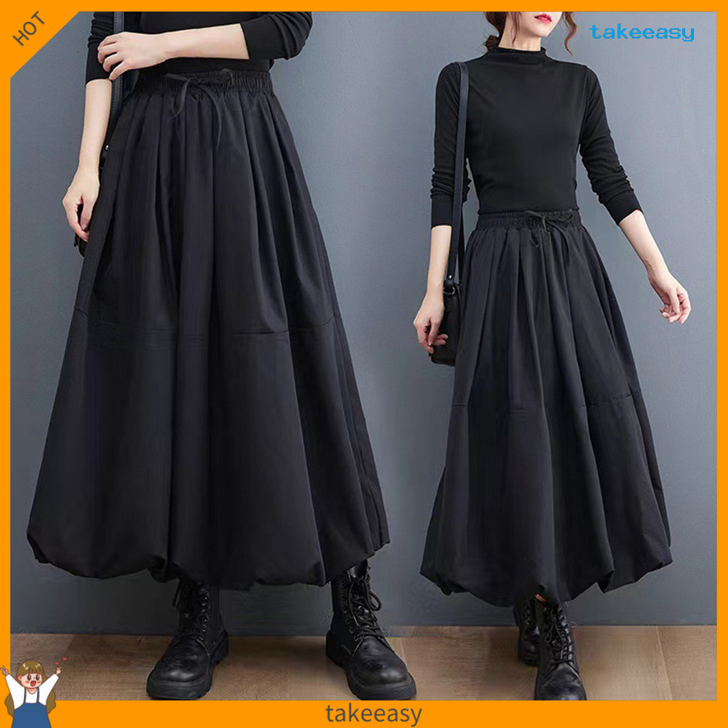 [take]ผู้หญิงA-Lineกระโปรงยืดหยุ่นเอวสูงLace-Upขนาดใหญ่Mha Maxiกระโปรงพร้อมกระเป๋าสีทึบกระโปรงยาวลํา
