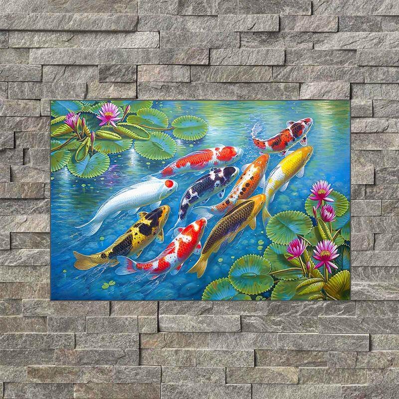 ผ้าใบ Wall Art 9 Koi ปลา Feng Shui ปลาคาร์พ Lotus Pond ภาพภาพวาดสีน้ํามันบนผ้าใบโปสเตอร์และพิมพ์ Cuadros Wall Art ภาพสําหรับ L... ศิลปะยาง