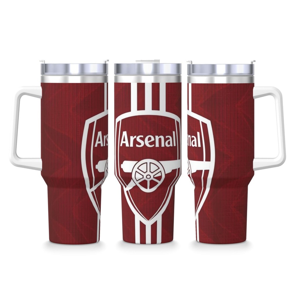 Arsenal Football Club 40oz Handle แก้วน้ําสแตนเลสพร้อมฝาปิด, ฉนวนติดทนนาน, ถ้วยฉนวนสูญญากาศติดผนังสองชั้นสําหรับรถยนต์/กลางแจ้ง, ป้องกันการรั่วซึมและเหงื