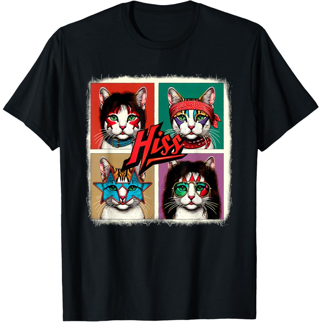 เสื้อยืดผ้าฝ้ายผู้ชาย Rock Band Retro Cat Music Concert Band 70s 09S0SR เสื้อยืด Vintage เสื้อยืด 4X