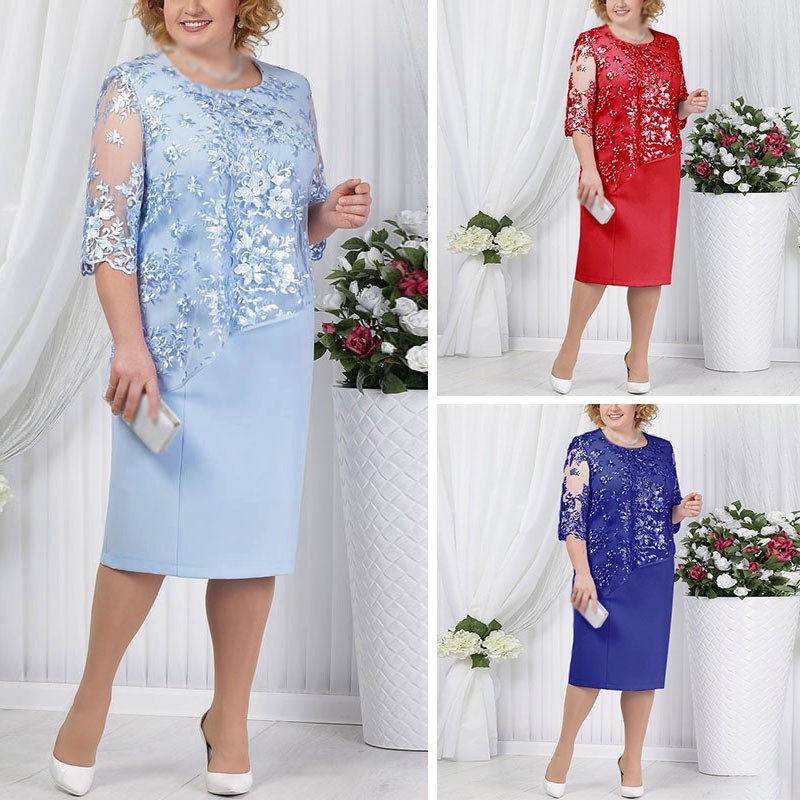 [BEM] แฟชั่นผู้หญิงสุภาพสตรี Slim Hollow ลูกไม้ครึ่งแขนรอบคอชุด Plus ขนาด