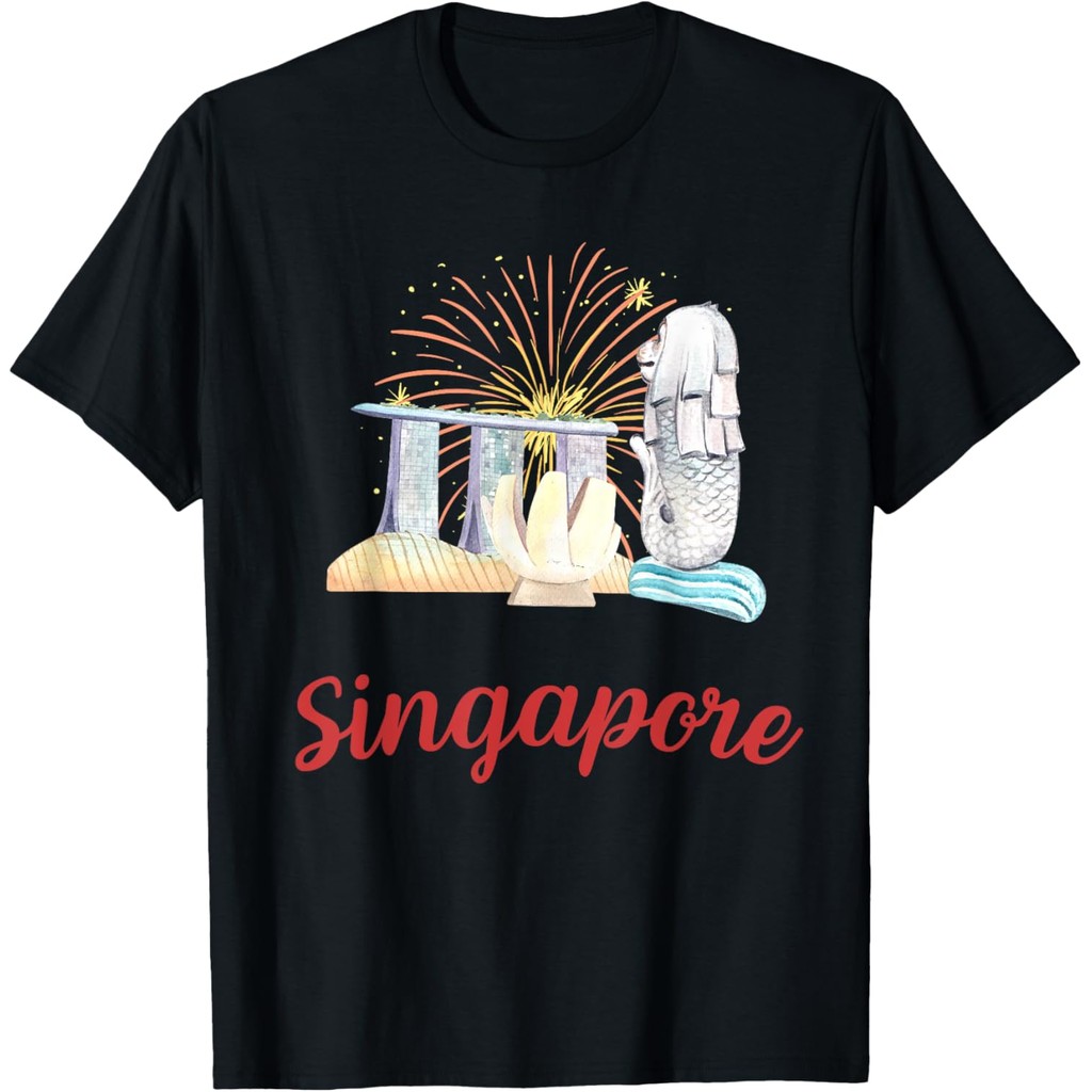 เสื้อยืดผ้าฝ้ายผู้ชาย Skyline Fireworks Merlion เสื้อยืด Vintage เสื้อยืด 4XL , 5XL , 6XL
