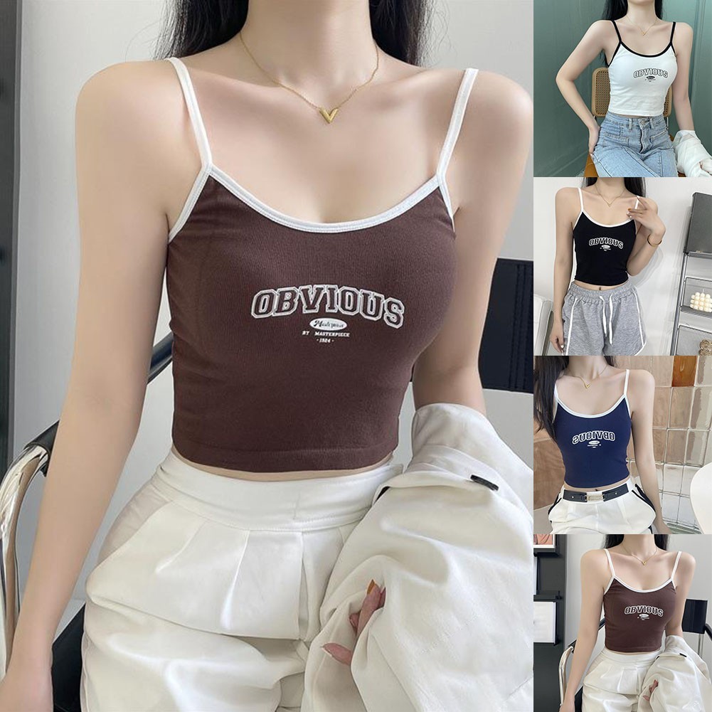 Big Women Letter Printing Camisole Cushion Bra Crop Tops O-คอ Y2k กีฬาเสื้อกั๊กสั้น
