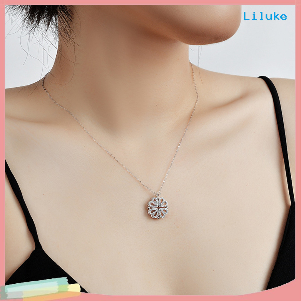 [LK] 2 in 1 Four Leaf Clover จี้สร้อยคอเปิดประทุนรูปหัวใจ Cubic Zirconia Charm เครื่องประดับสําหรับผ