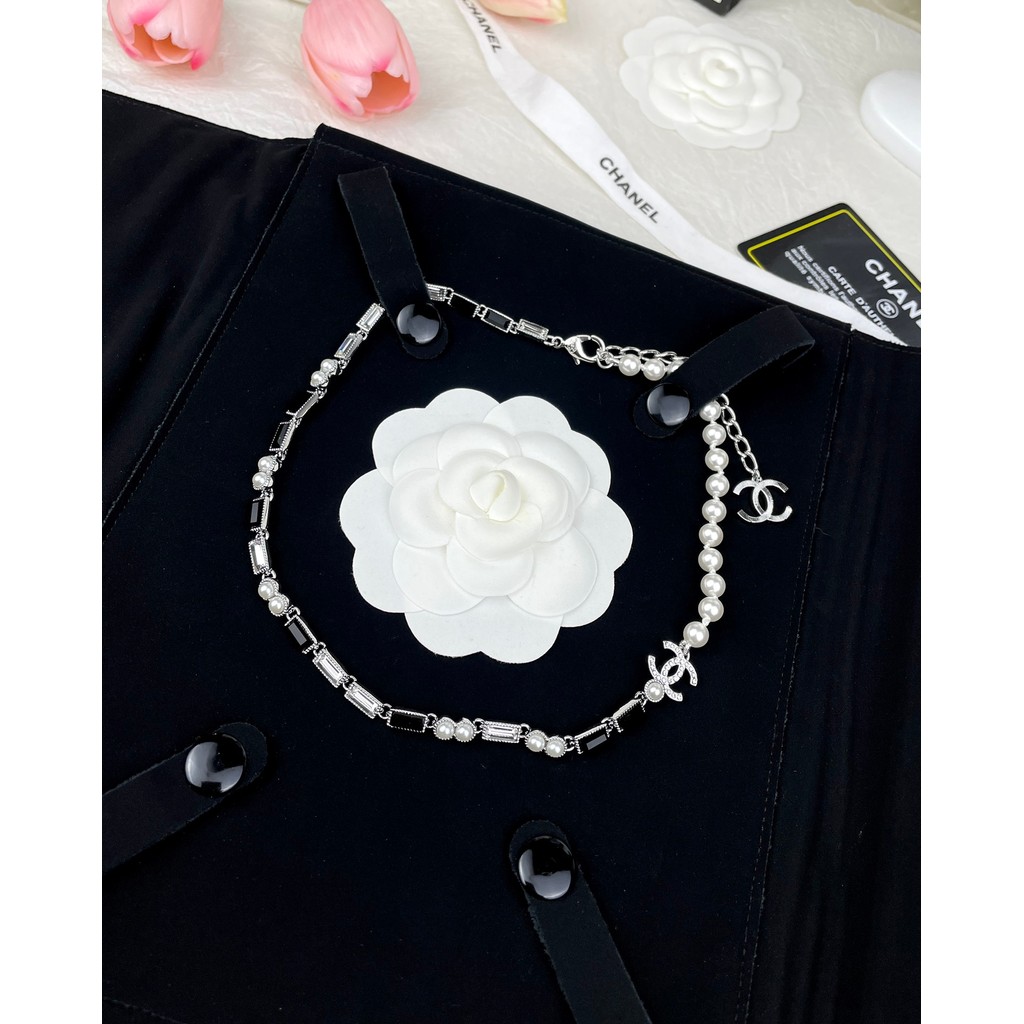 สร้อยคอมุก Double c สีเพชรสีดํา 23k