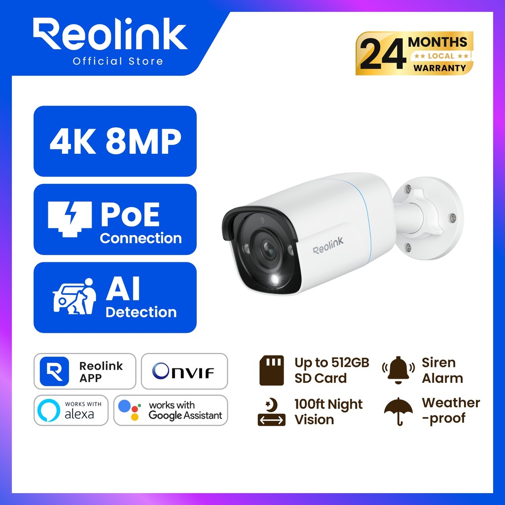 REOLINK P330 กล้องวงจรปิด PoE 8MP 4K UHD | ภาพสีกลางคืน Color Night Vision | แจ้งเตือนอัจฉริยะ 2 ทาง | รองรับ MicroSD สูงสุด 512GB | ติดตั้งง่ายผ่านสาย LAN