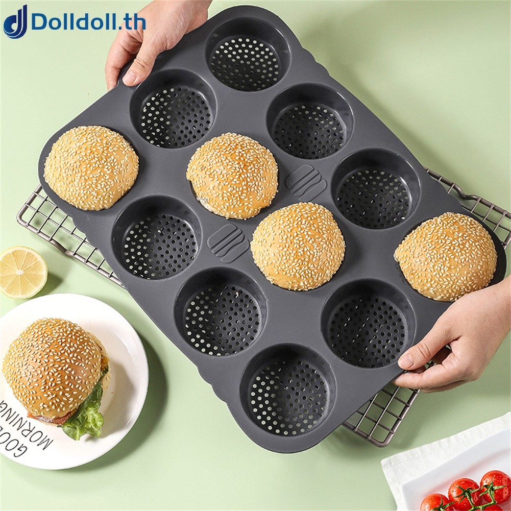 [Dolldoll] 12 Cavity ซิลิโคนแฮมเบอร์เกอร์ Bun Burger Bun Pan ถาดเค้กเครื่องมืออบ