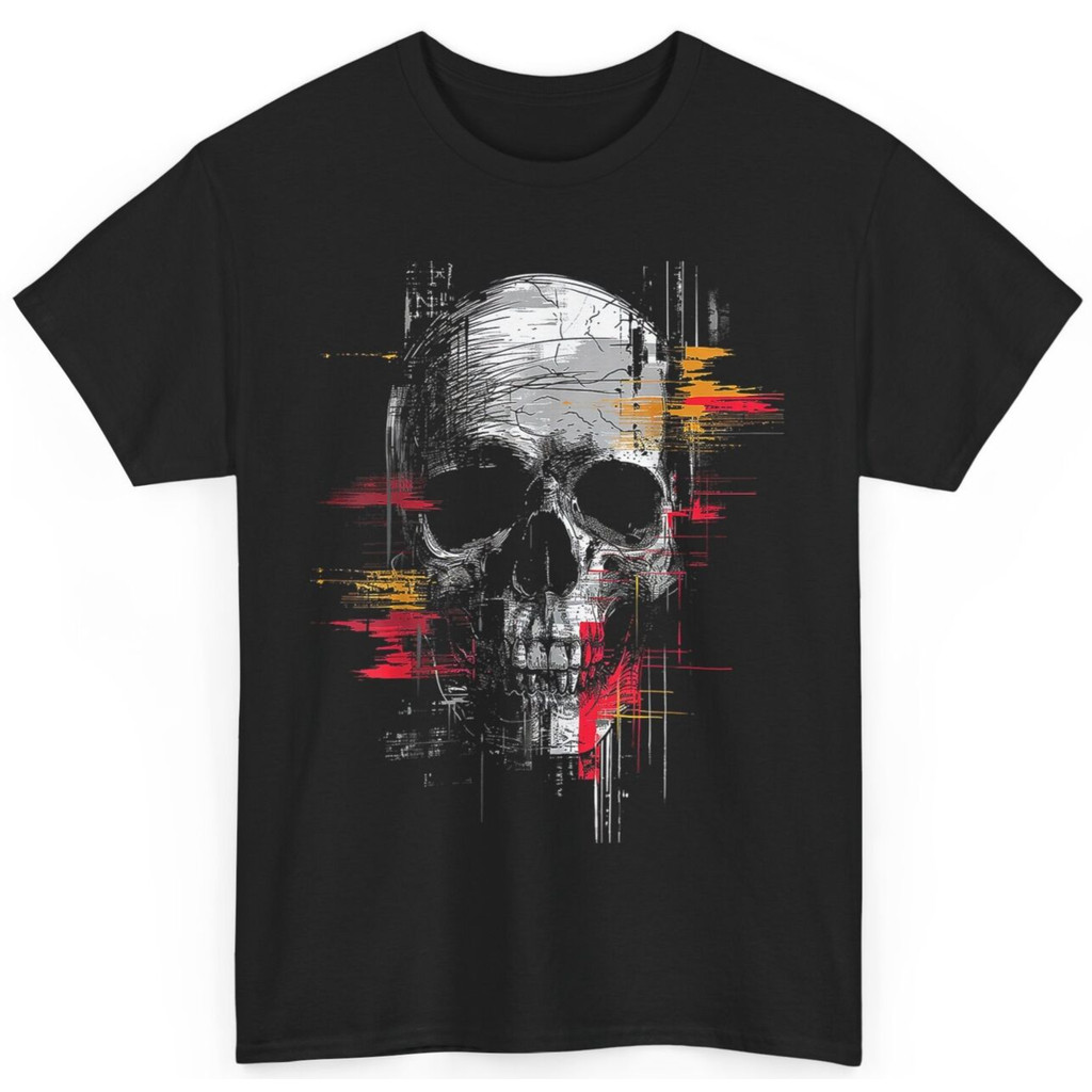 Distressed Skull Glitch Effects เสื้อยืด Digital Glitch Skull Graphic Tee