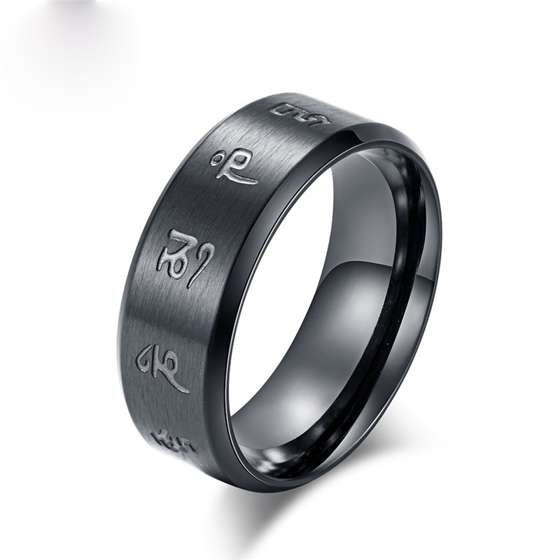 แหวนสแตนเลสสตีล 316L สไตล์พุทธสีดำ สำหรับผู้ชาย พร้อมความหมายโชคและความสำเร็จ