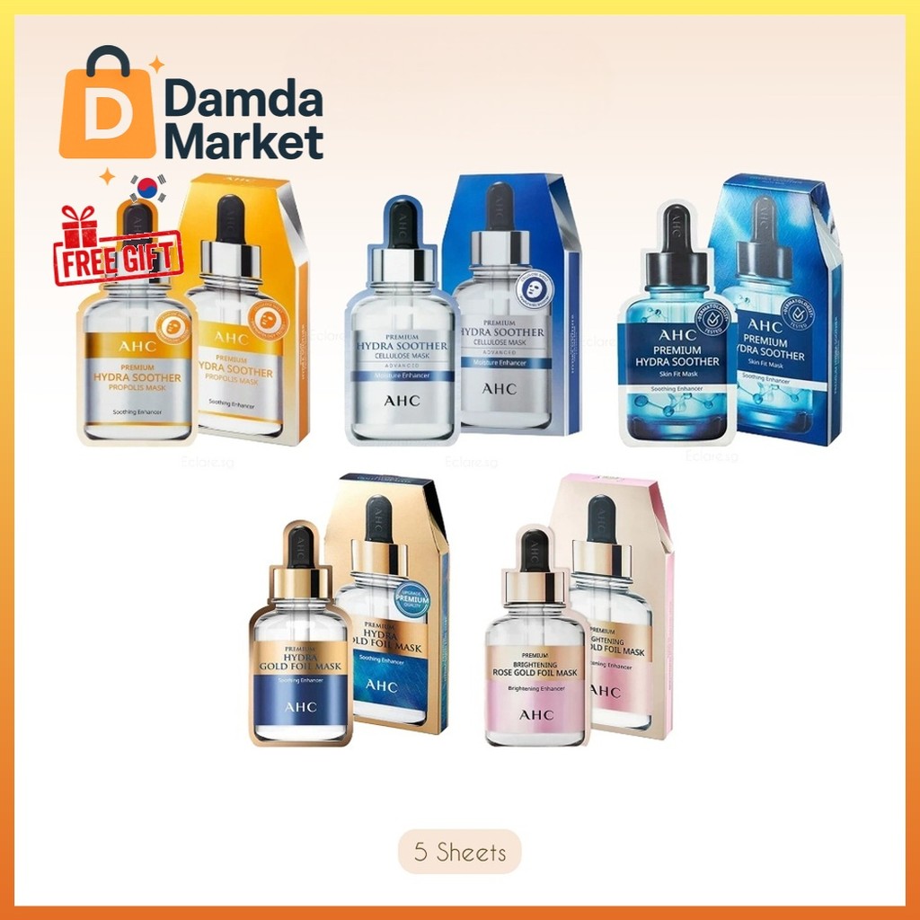 AHC Premium Sheet Mask Advanced 5pcs - Hydra Gold Foil Mask, Hydra Soother Cellulose/Propolis/Rose G