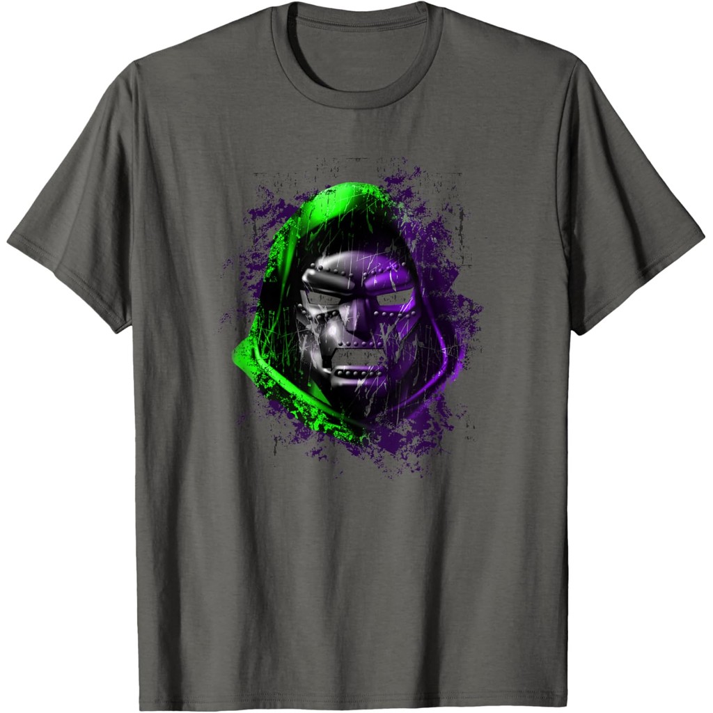 เสื้อยืดผ้าฝ้ายผู้ชาย Marvel Fantastic Four Dr. Doom Mask Color Pop Distressed T-Shirt ผ้าฝ้ายคุณภาพ