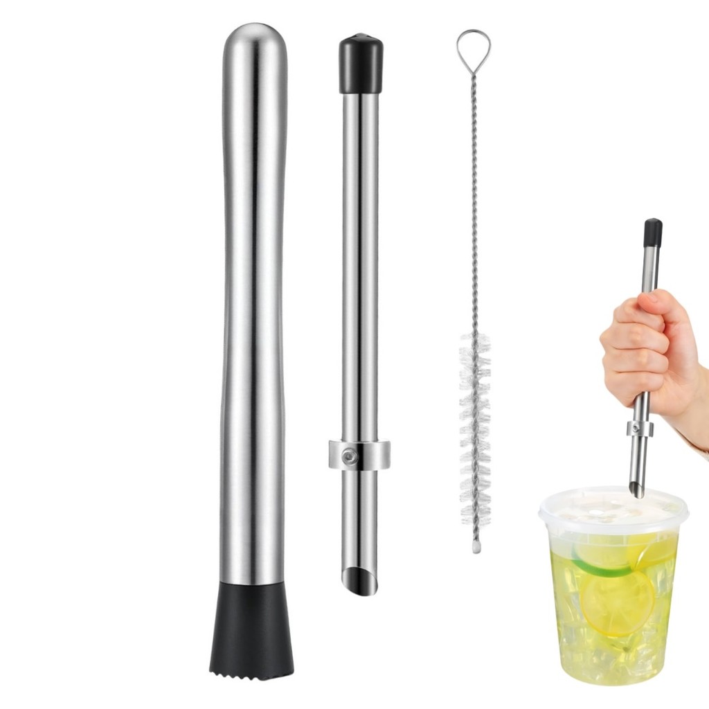 <APRTY> 3 ชิ้น Lemonade Stand Straw Puncher สแตนเลส Streel Muddler แปรงทําความสะอาดฟาง