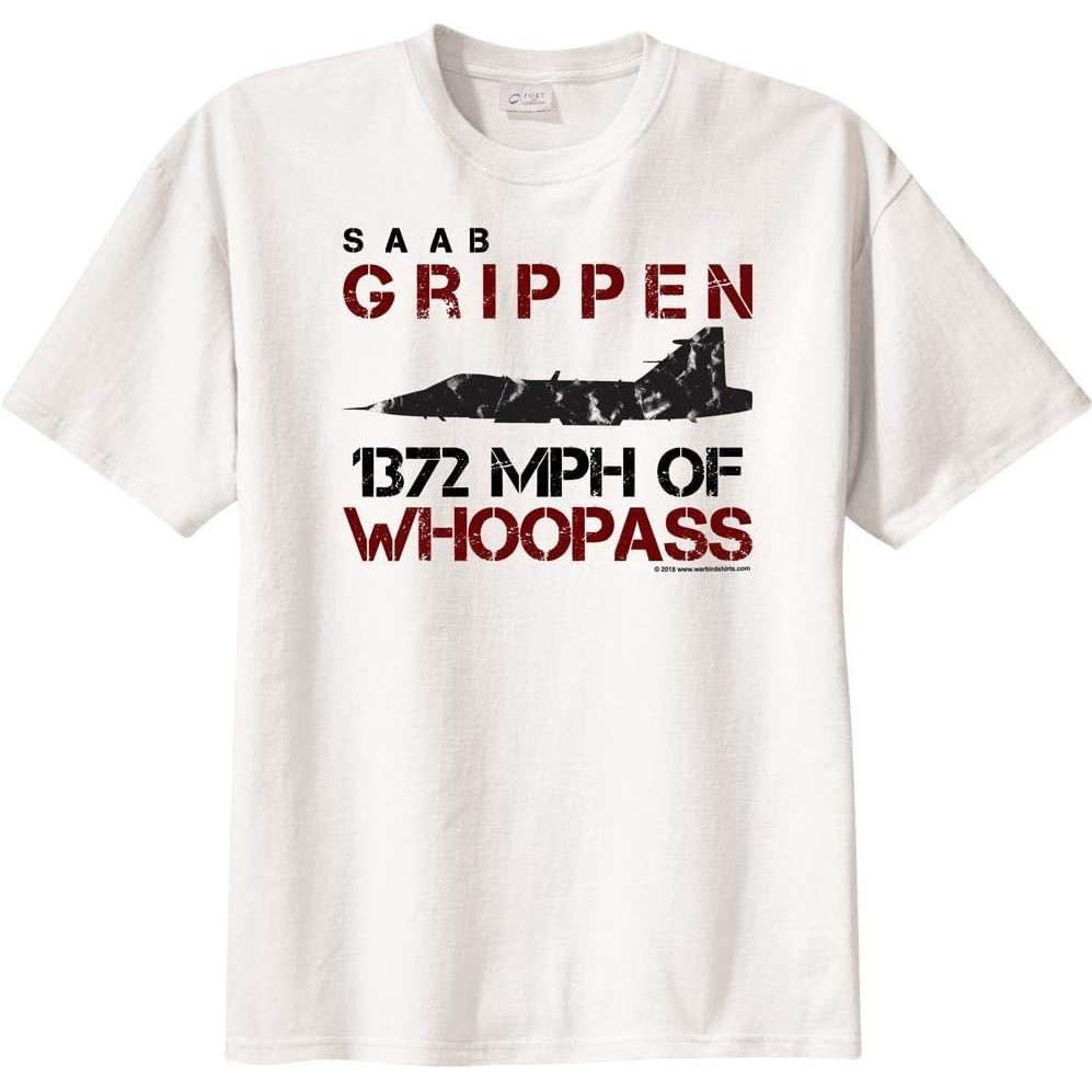 เสื้อยืดผ้าฝ้ายผู้ชาย WarbirdShirtsTM Mens Saab Gripen 1372 MPH of Whoopass เสื้อยืดแขนสั้นผ้าฝ้ายคุ