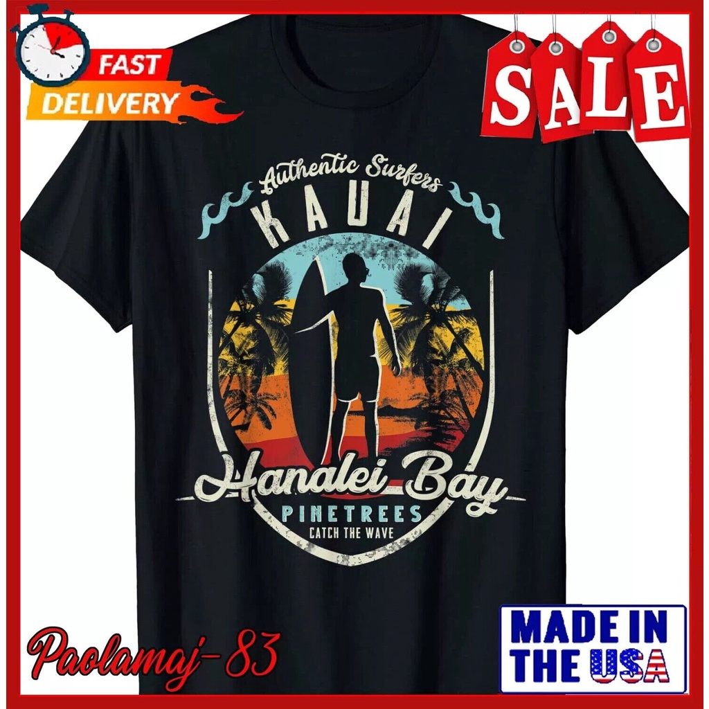 เสื้อยืดวินเทจ Retro Surfing Surfer Hanalei Bay Kauai Beach เสื้อยืด