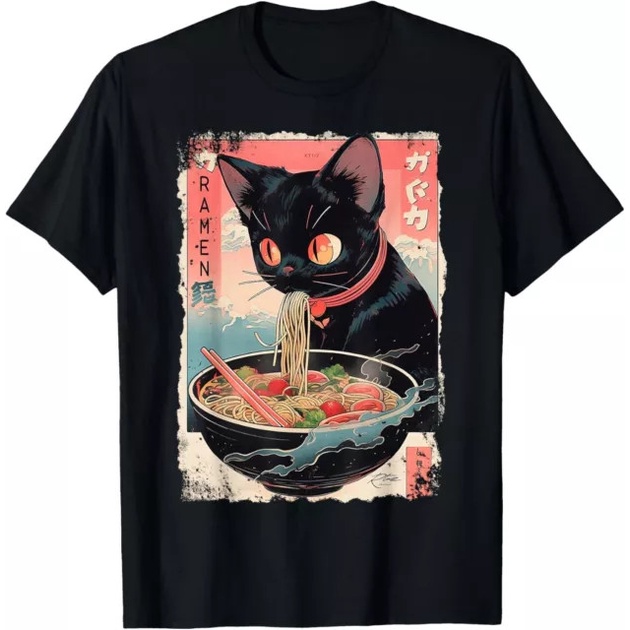 Cat Ramen Noodle อะนิเมะญี่ปุ่นมังงะ Ramen Kawaii Cat เสื้อยืดผ้าฝ้าย 100% Man