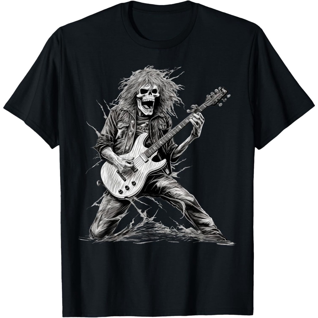เสื้อยืด Skeleton Guitar Guy Rock And Roll Band Rock On