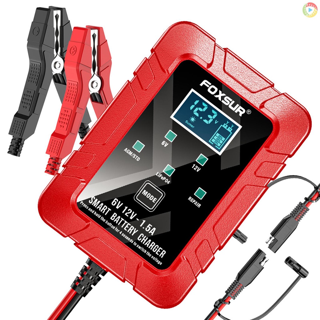 Foxsur 1.5A เครื่องชาร์จแบตเตอรี่รถยนต์, เครื่องชาร์จยานยนต์ 6V และ 12V พร้อมจอแสดงผล LCD, แบตเตอรี่ Maintener สําหรับเครื่องตัดหญ้ารถจักรยานยนต์ AGM GEL แบตเตอรี่ตะกั่วกรดสีแดง E Moto-410