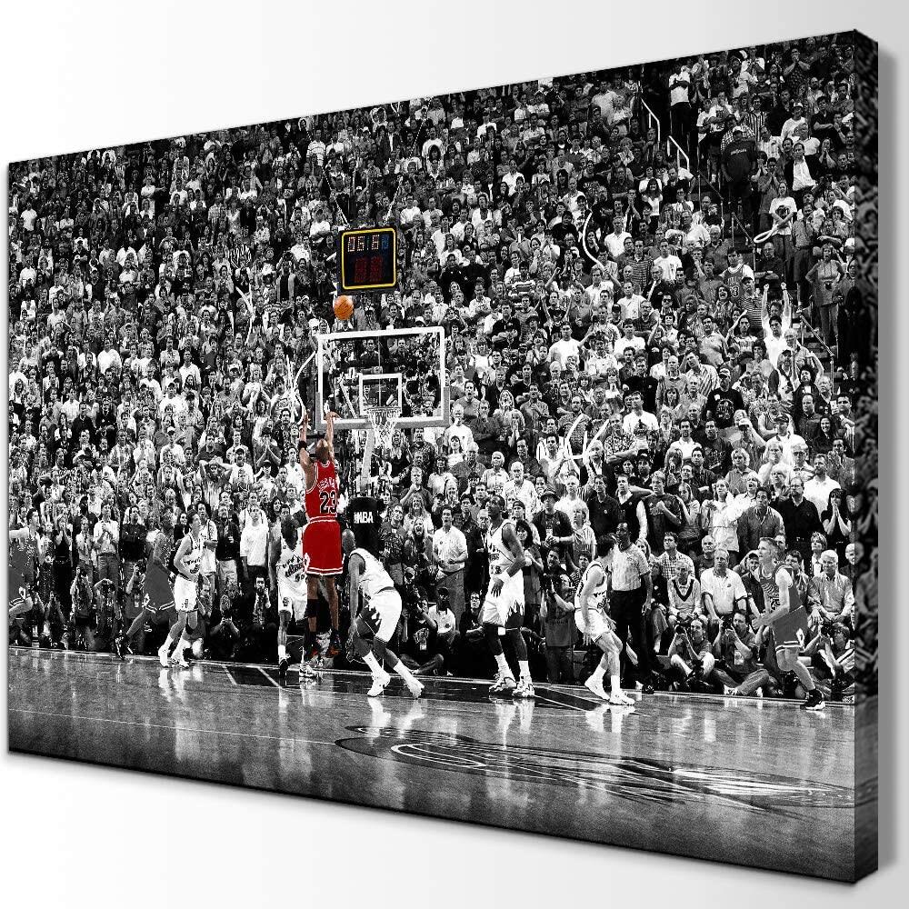 Michael Jordan Last Shot บาสเกตบอลผ้าใบ Wall Art Nba ผู้เล่นบาสเกตบอลโปสเตอร์กรอบไม้งานศิลปะ All Star แฟนของขวัญสําหรับแฟนกีฬาสําหรับ Boy Be 0...