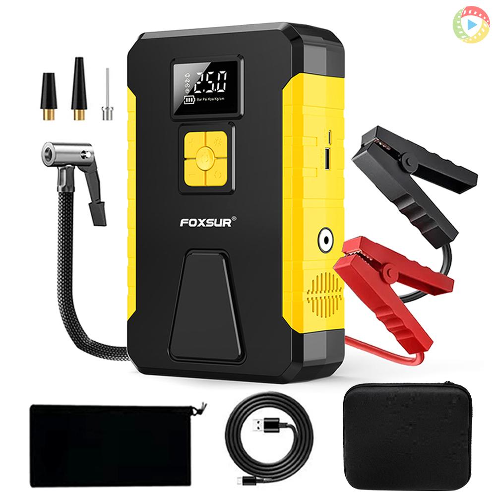 Foxsur ยาง Inflator เครื่องอัดอากาศแบบพกพา, ปั๊มลมไฟฟ้าไร้สาย, 26800mAh Jump Starter และ Air Compres