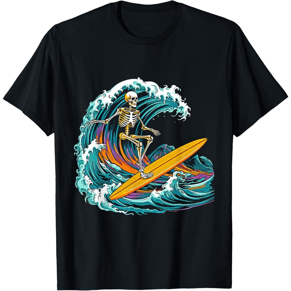 เสื้อยืด Skull Skeleton Surfer Wave Beach Vintage Funny 80S 80S
