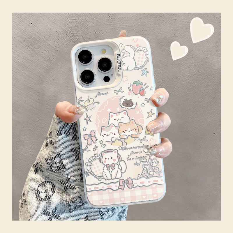 เคสแมวน่ารักสำหรับ iPhone 16 16E 15 14 13 12 11 Pro Plus Max X XR Xs Max พิมพ์ขอบ เคสกันกระแทกกล้องแบบเต็ม