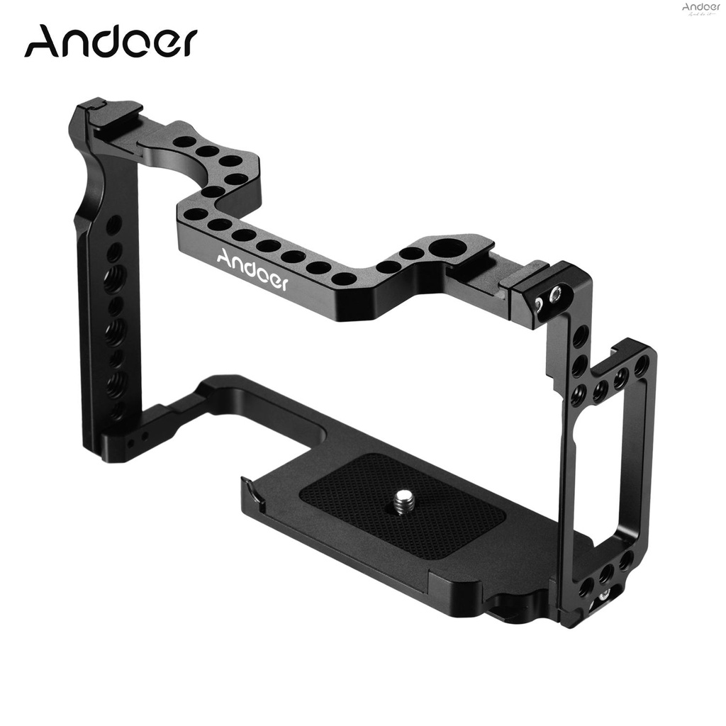 Andoer กล้องกรงอลูมิเนียม 1/4 นิ้วและ 3/8 นิ้วสกรูหลุม Dual Cold Shoe Mount ใช้งานร่วมกับ Canon 5DS 