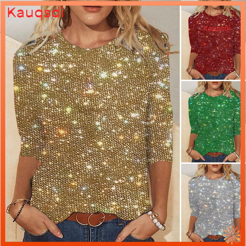 [Kauqsdi] เสื้อยืดผู้หญิงลูกเรือคอ 3/4 แขน Glitter Pullover Tops Shiny Sequins สีทึบ Shimmering Blouse