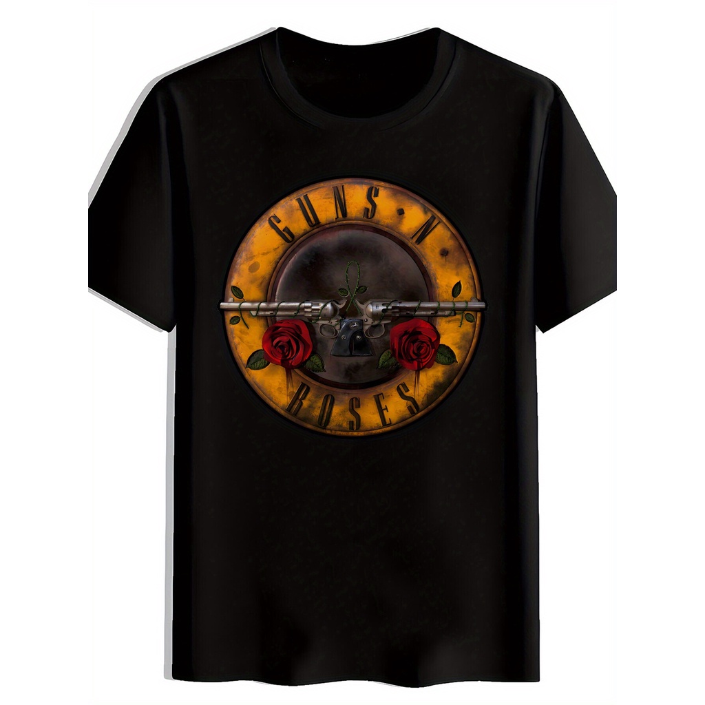 Mens Guns N Roses Graphic T-Shirt - Black Band Tee With Crossed Guns & Roses