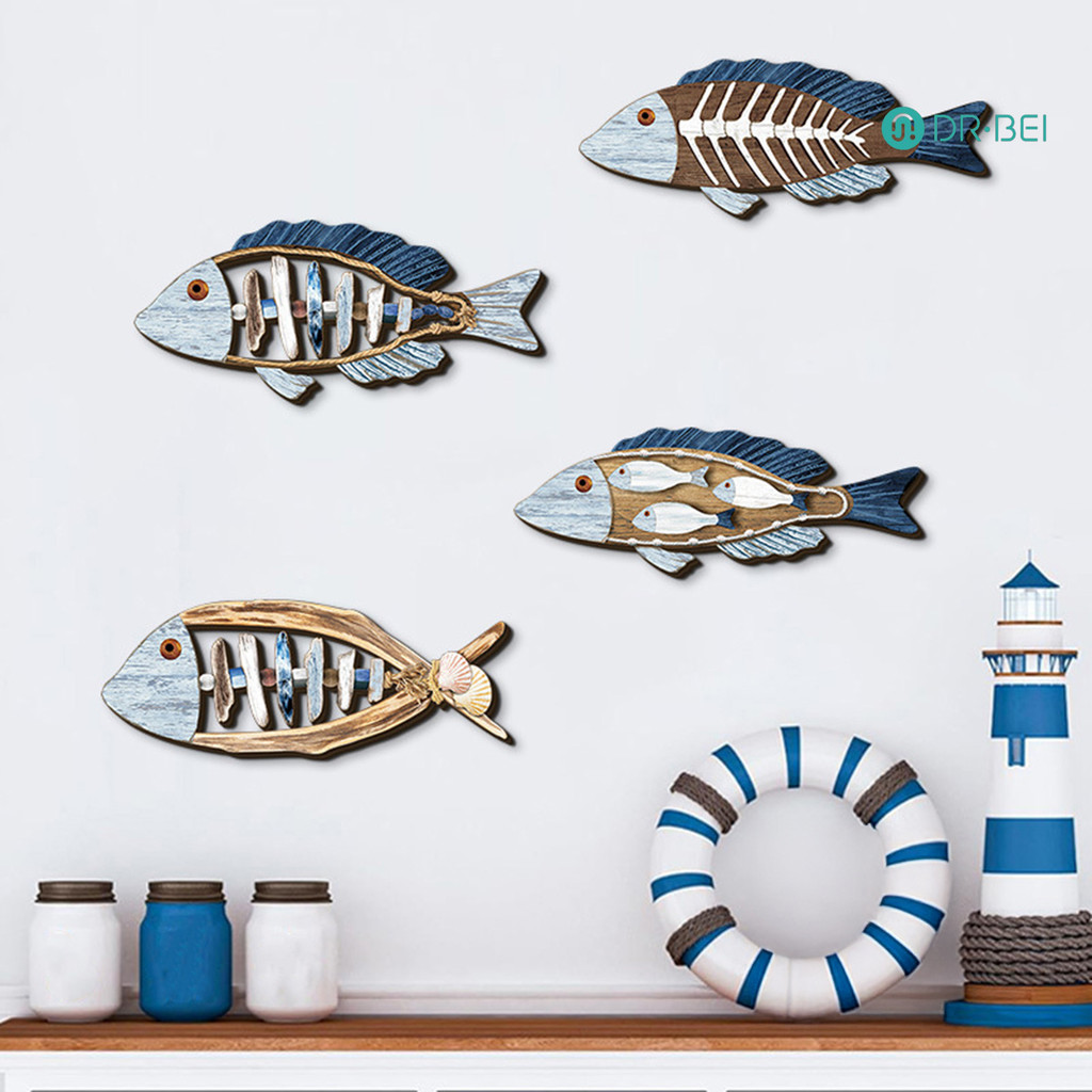 DR.BEI 4 ชิ้น Nautical ปลารูปร่างตกแต่งผนังมือวาดหลายสีออกแบบ Handcrafted Coastal Lake Theme Decor