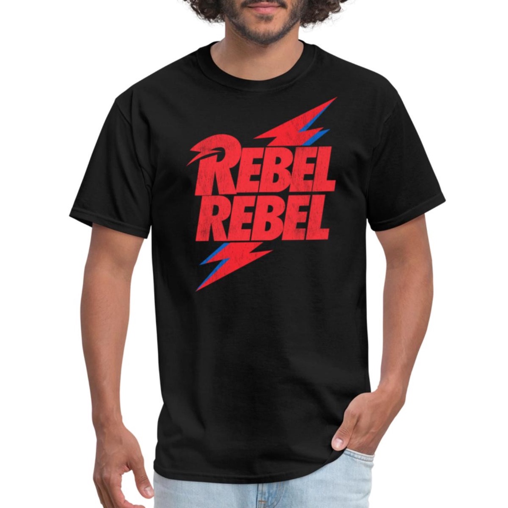 เสื้อยืดผู้ชายสไตล์ย้อนยุค 80s-90s ออกแบบกราฟิก David Bowie 'Rebel Rebel'