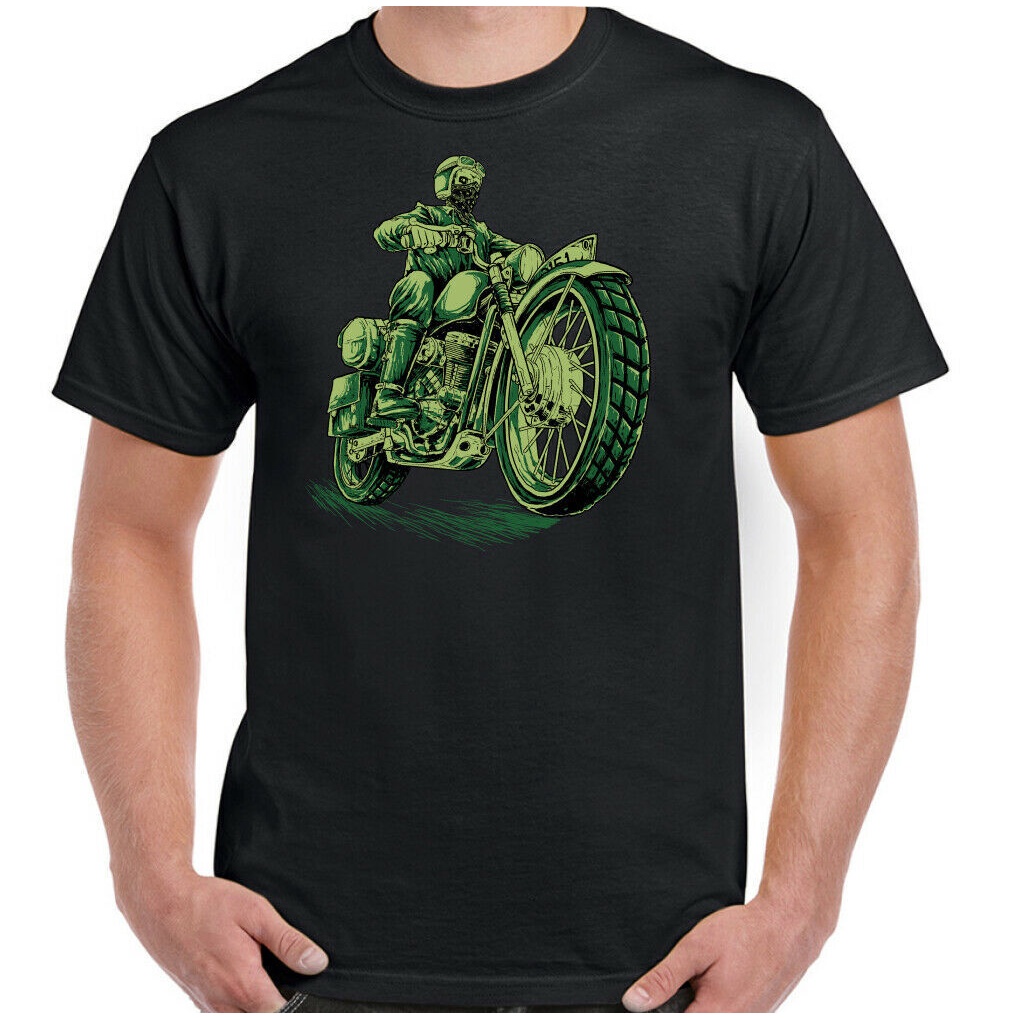 Cafe Racer เสื้อยืด Mens Motorcycle Skull Motorcycle Indian Biker Bike Top Green