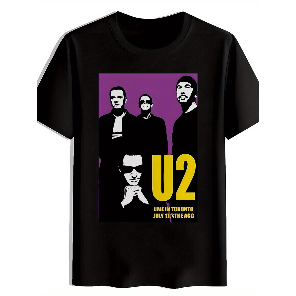 เสื้อยืดผู้ชายผ้าฝ้าย U2 Live In Toronto Graphic T-Shirt - Casual "U2 Live In Toronto" Text, Casual 