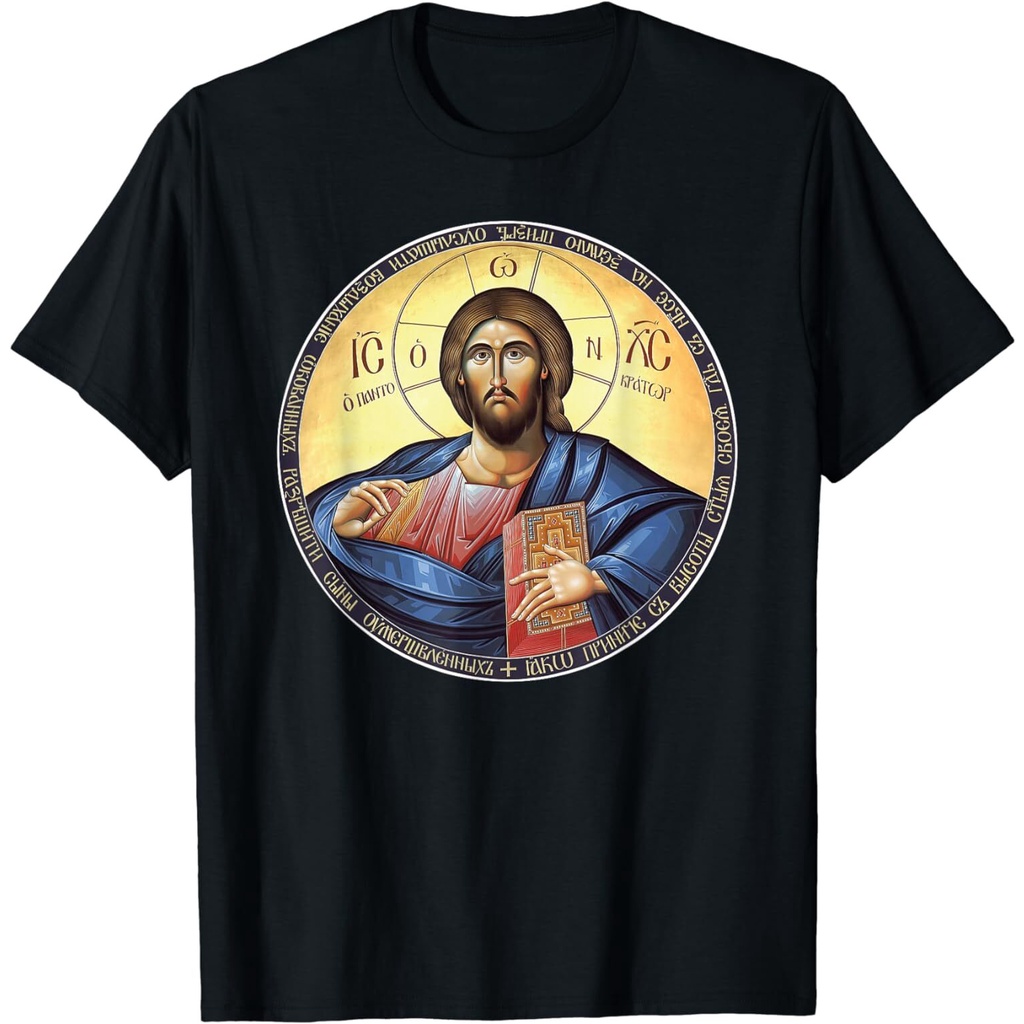 Tops Casual Streetwear Jesus Christ Pantocrator Orthodox Byzantine Icon เสื้อยืด