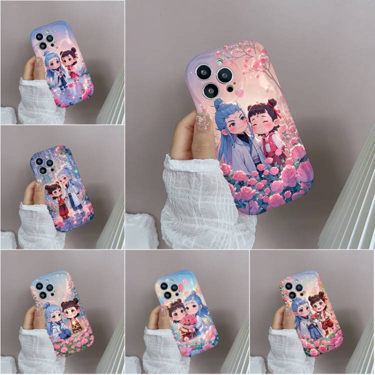 สําหรับ iPhone 6 7 Plus X XR Max 13 Mini 14 Pro ปลอกคลื่นหยิกขอบครีมตํานานจีน Nezha Aobing ผู้ถือโทร